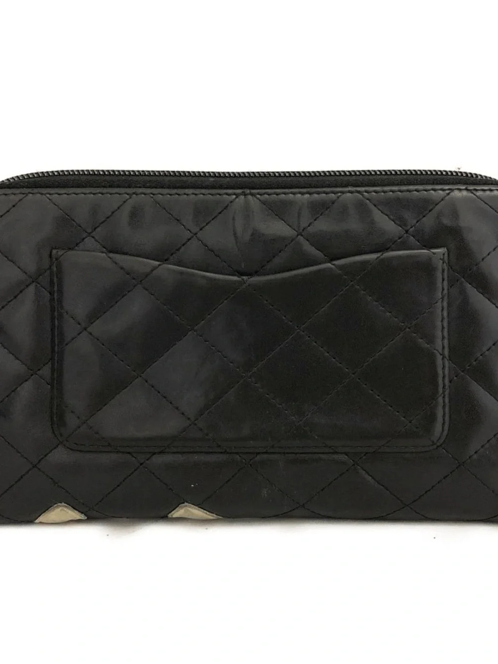 CHANEL Black Cambon Leather Zip Wallet with Cream CC Patch